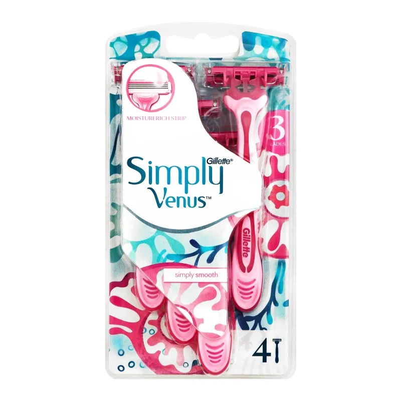 גילט וונוס סימפלי ורוד 4סכיני גילוח חד פעמי 3להבים