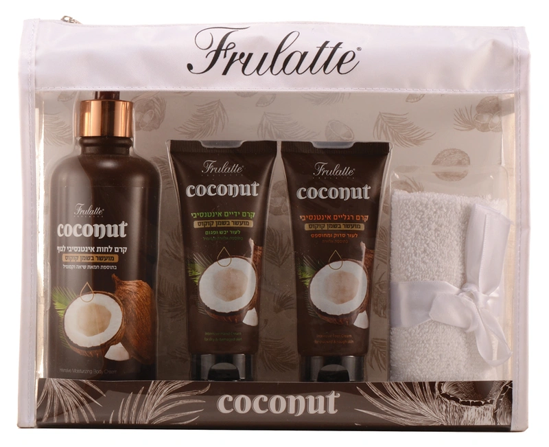 סט פרולטה קוקוס ק.גוף+ק.ידיים+ק.רגליים+מגבת בתיק רחצה