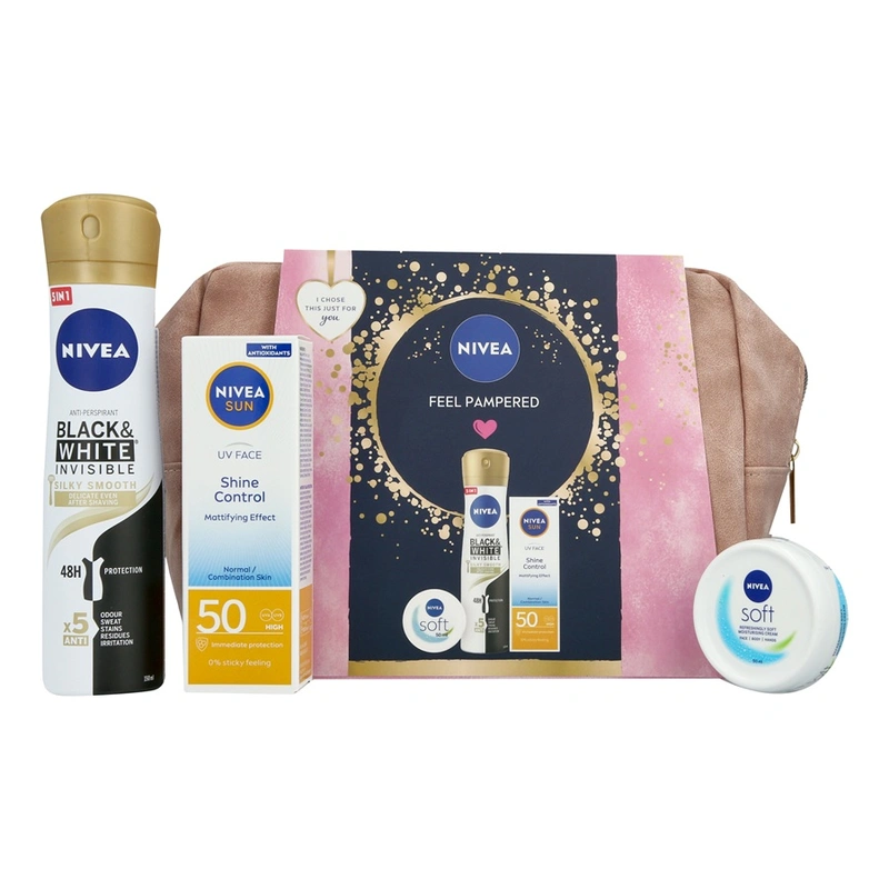 ניואה מארז טואלטיקה לאישה בלאק אנד וויט 2025(קרם סופט +50קרם הגנה +דאו ספריי+תיק)